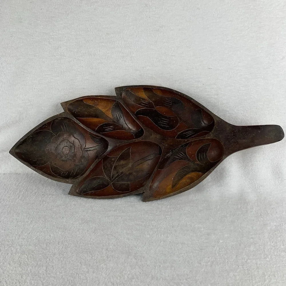 Vintage Divided Serving Platter Leaf Shaped Carved Exotic Wood Teak? Folk Art